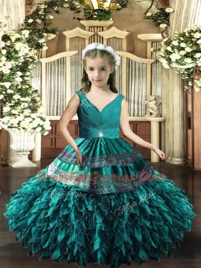 Floor Length Ball Gowns Sleeveless Teal Child Pageant Dress Backless