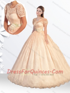 Princess Scoop Laced Champagne Quinceanera Dress with Handcrafted Flowers