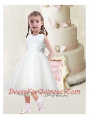 Beautiful A-Line Scoop Flower Girl Dress with Hand Made Flowers Belt in White for 2014