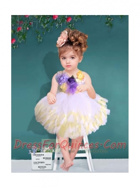 2014 Ball Gown Straps Knee-length Little Girl Dress with Hand Made Flowers