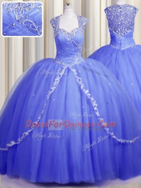 Edgy Zipper Up Cap Sleeves Brush Train Zipper With Train Beading and Appliques Sweet 16 Quinceanera Dress