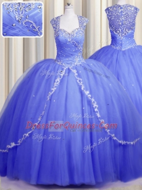 Edgy Zipper Up Cap Sleeves Brush Train Zipper With Train Beading and Appliques Sweet 16 Quinceanera Dress