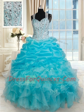 Popular Aqua Blue Zipper Straps Beading and Ruffles and Pick Ups 15 Quinceanera Dress Organza Sleeveless