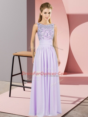 Lavender Chiffon Backless Scoop Sleeveless Evening Dress Beading