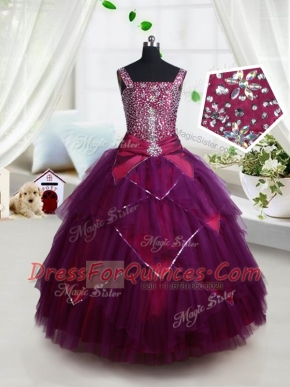 Square Dark Purple Lace Up Flower Girl Dresses for Less Beading and Ruffles and Belt Sleeveless Floor Length