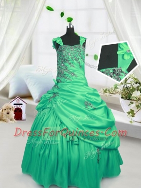 Sleeveless Floor Length Beading and Pick Ups Lace Up Little Girls Pageant Dress with Green