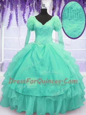 Long Sleeves Lace Up Floor Length Beading and Embroidery and Hand Made Flower Quince Ball Gowns