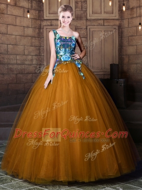 Gorgeous Brown One Shoulder Lace Up Pattern Quinceanera Dress Sleeveless