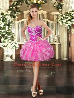 Hot Sale Hot Pink Lace Up Sweetheart Beading and Ruffles Evening Dress Organza Sleeveless