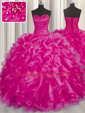 Fashionable Hot Pink Organza Lace Up Sweetheart Sleeveless Floor Length Quinceanera Dress Beading and Ruffles
