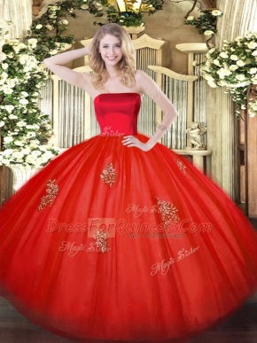 Lovely Red Tulle Zipper Strapless Sleeveless Floor Length Quince Ball Gowns Appliques
