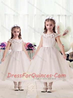 Classical Cap Sleeves Flower Girl Dresses with Appliques and Belt