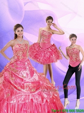 2015 Classical Watermelon Quinceanera Dress with Ruffled Layers and Appliques