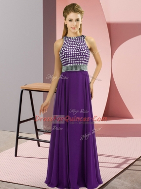 Floor Length Purple Chiffon Sleeveless Beading