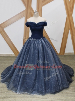 Modern Sleeveless Tulle Brush Train Lace Up Dress for Prom in Navy Blue with Ruching