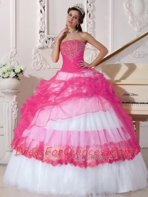 Popular Hot Pink and White Ball Gown Strapless Floor-length 2014 Spring Quinceanera Dresses