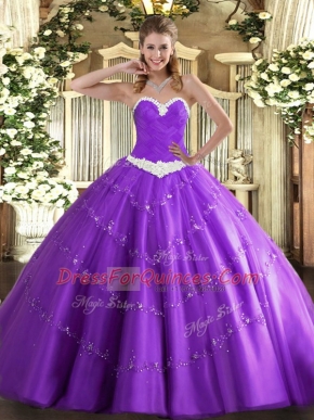 Floor Length Lace Up Quince Ball Gowns Lavender for Military Ball and Sweet 16 and Quinceanera with Appliques