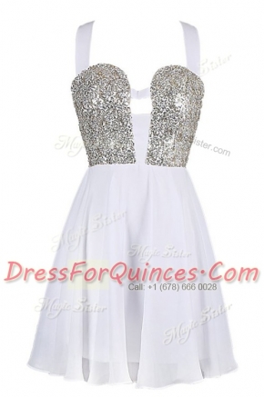 High Quality White A-line Sequins Prom Evening Gown Criss Cross Chiffon Sleeveless Knee Length