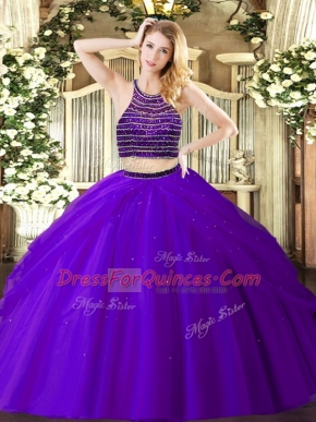Purple Zipper Halter Top Beading and Ruching Ball Gown Prom Dress Tulle Sleeveless