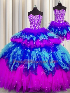 Dazzling Three Piece Visible Boning Multi-color Ball Gowns Tulle Sweetheart Sleeveless Beading and Ruffles and Ruffled Layers and Sequins Floor Length Lace Up Sweet 16 Quinceanera Dress