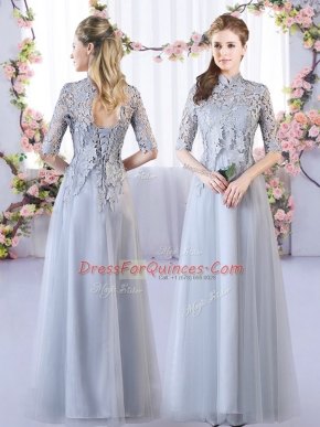 High End Tulle High-neck Half Sleeves Lace Up Lace Dama Dress for Quinceanera in Grey