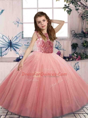 Latest Sleeveless Lace Up Floor Length Beading Kids Pageant Dress