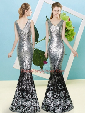 Decent Silver Zipper Evening Dress Sequins Sleeveless Floor Length
