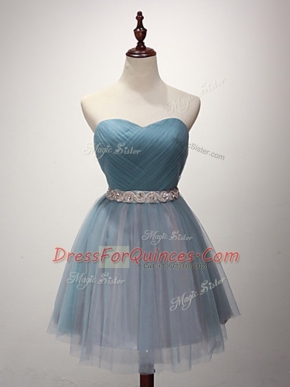 Elegant Light Blue Tulle Lace Up Damas Dress Sleeveless Mini Length Beading and Ruching