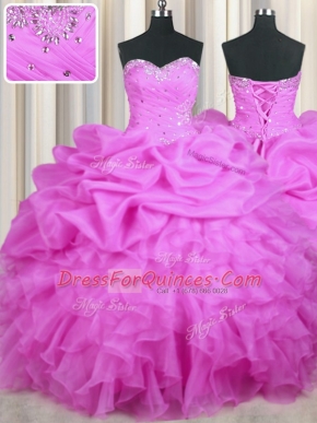 Lilac Ball Gowns Beading and Ruffles and Sequins and Ruching Ball Gown Prom Dress Lace Up Organza Sleeveless Floor Length
