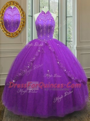 Extravagant High-neck Sleeveless Lace Up Quinceanera Gown Purple Tulle