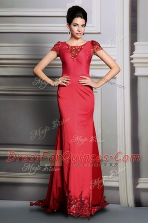 Scoop Short Sleeves Court Train Clasp Handle Prom Evening Gown Red Satin