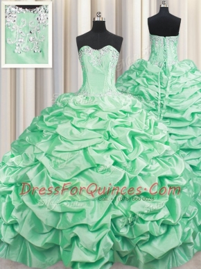 Adorable Apple Green Taffeta Lace Up Sweetheart Sleeveless With Train Ball Gown Prom Dress Brush Train Beading and Pick Ups