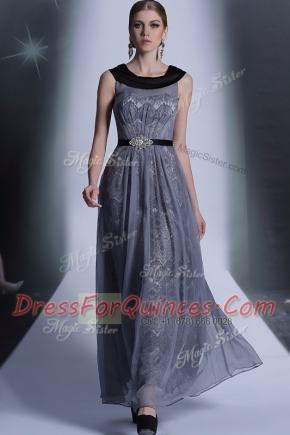 Edgy Scoop Belt Homecoming Dress Grey Side Zipper Sleeveless Floor Length