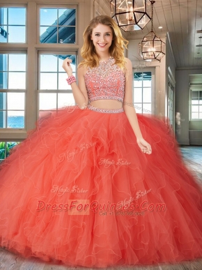 Orange Red Backless Scoop Beading and Ruffles Quince Ball Gowns Tulle Sleeveless