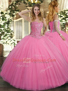Ball Gowns Quinceanera Dress Rose Pink Sweetheart Tulle Sleeveless Floor Length Lace Up