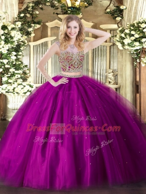 Elegant Fuchsia Scoop Lace Up Beading Sweet 16 Dresses Sleeveless