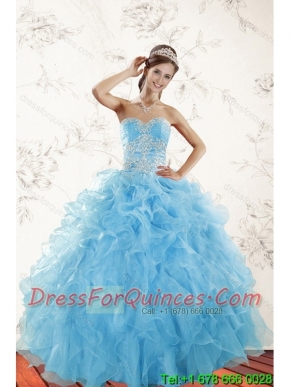 2015 Elegant Baby Blue Quince Dresses with Appliques and Ruffles