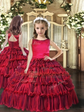Elegant Scoop Sleeveless Little Girl Pageant Gowns Floor Length Ruffled Layers Red