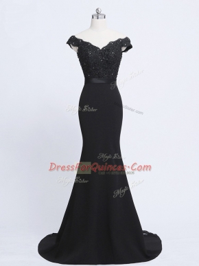 Exquisite Black Mermaid Lace and Appliques and Belt Dress for Prom Zipper Chiffon and Tulle Sleeveless