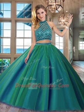 Dark Green Backless Halter Top Beading 15th Birthday Dress Tulle Sleeveless Brush Train