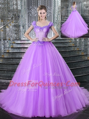 Captivating Straps Sleeveless Tulle Sweet 16 Dresses Beading and Appliques Brush Train Lace Up