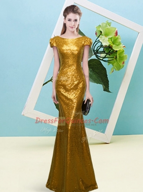 Cheap Floor Length Mermaid Cap Sleeves Gold Prom Dresses Zipper