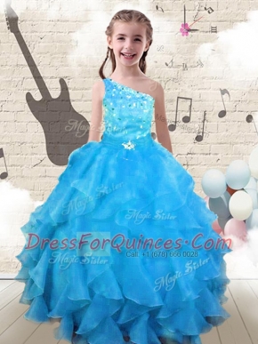 Shining One Shoulder Beading and Ruffles Little Girls Pageant Gowns Aqua Blue Lace Up Sleeveless Floor Length