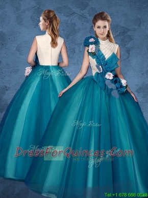 Cheap Hand Made Flowers Sweet 16 Dresses with High Neck