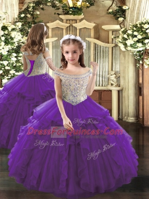 Perfect Purple Organza Lace Up Off The Shoulder Sleeveless Floor Length Child Pageant Dress Beading and Ruffles