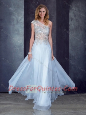 See Through Back One Shoulder Applique Dama Dress in Light Blue