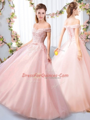 Pink Lace Up Damas Dress Appliques and Belt Sleeveless Floor Length