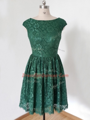 Dark Green Scoop Neckline Lace Quinceanera Court of Honor Dress Cap Sleeves Lace Up
