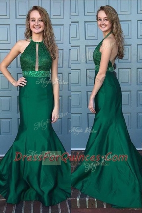 Designer Mermaid Halter Top Sleeveless Prom Party Dress With Train Sweep Train Beading and Lace Green Satin