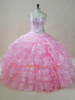 Luxury Halter Top Sleeveless 15 Quinceanera Dress Floor Length Embroidery and Ruffled Layers Baby Pink Organza